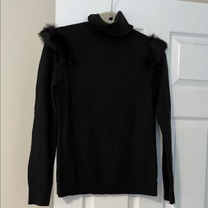 W by Worth Black Turtleneck Sweater with Faux-Fur Shoulder Trim